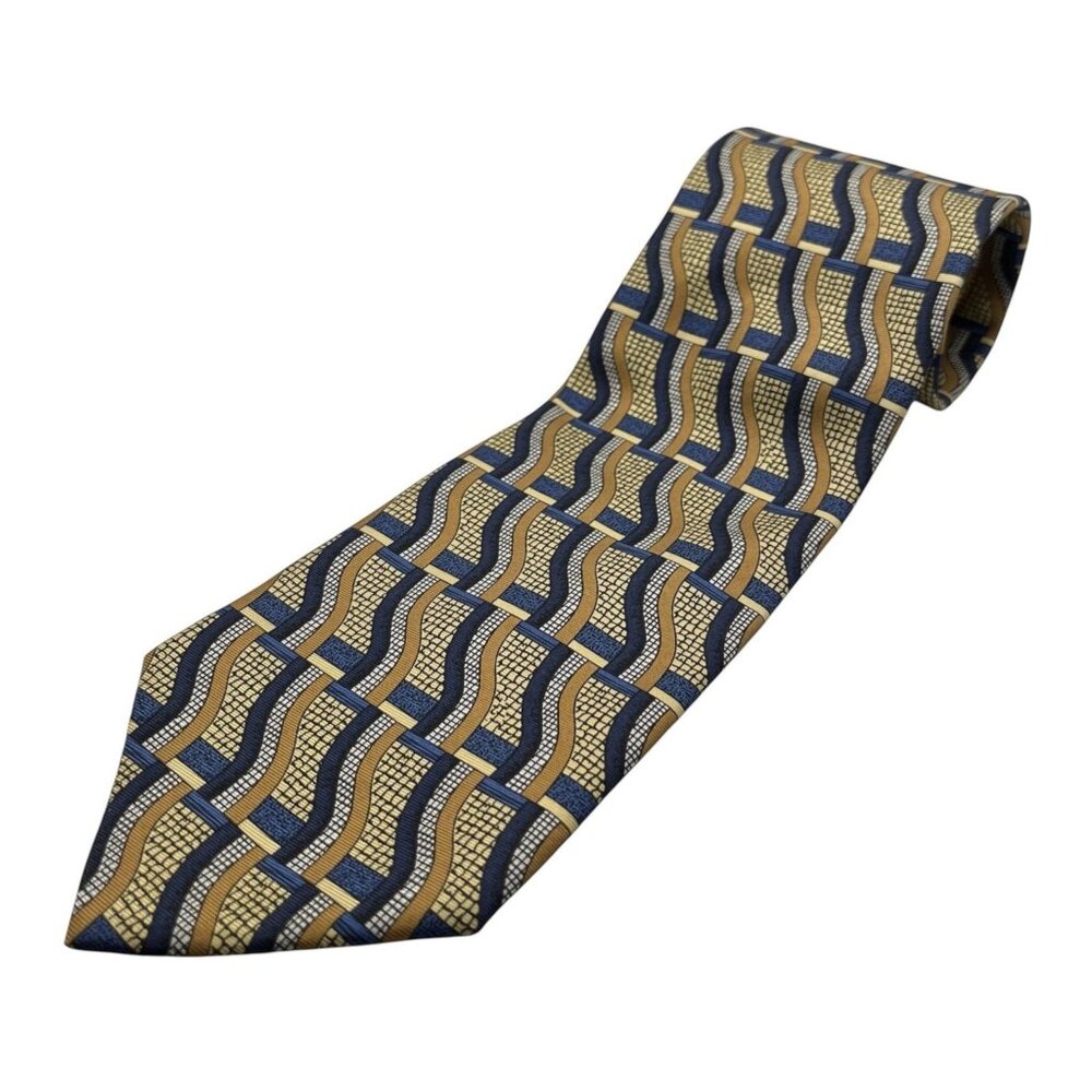 Stafford Silk Geometric Tie Navy Gold Made in Italy Vintage 90s Mens Necktie